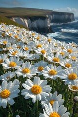 Poster - Breathtaking view of beautiful daisies blooming next to the ocean cliffs under a clear blue sky : Generative AI