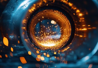 Poster - Glowing Sparks Emanating from Metal Pipe in Industrial Workshop, Capturing the Intensity and Energy of Metalworking and Fabrication Processes