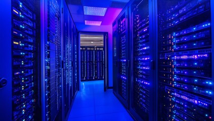 Leinwandbilder - Illuminated server corridor showcasing advanced technology with rows of servers and blue lights : Generative AI