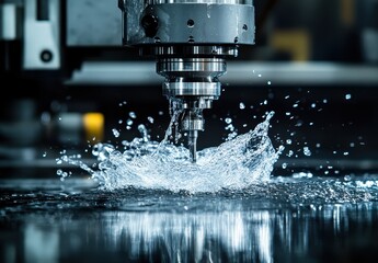 Poster - High-Precision Water Cutting Process with CNC Machine in Industrial Setting Splashing Water with Dynamic Motion and Detail