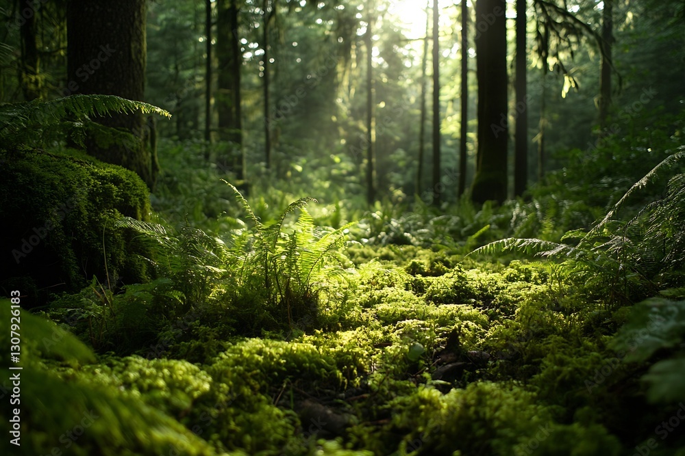 Lush green forest floor covered with moss and ferns illuminated by soft ...