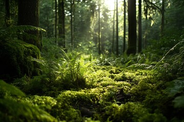 Poster - Lush green forest floor covered with moss and ferns illuminated by soft sunlight filtering through tall trees : Generative AI