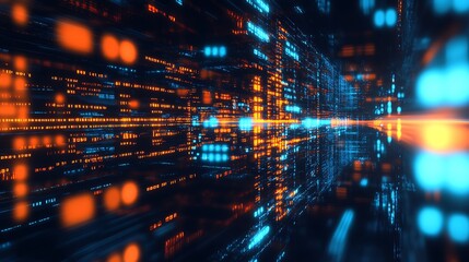 Poster - Abstract data tunnel featuring bright blue and orange binary sequences and flowing lights in a three-dimensional space : Generative AI