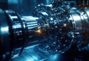 Poster - High-tech Close-up of Industrial Machine Component with Shiny Metal Surfaces and Intricate Details in a Futuristic Workshop Environment