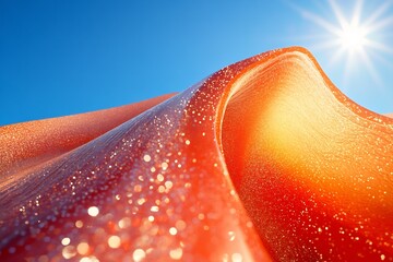 Poster - Close up of shimmering red fabric with sparkling details under bright sunlight against blue sky : Generative AI