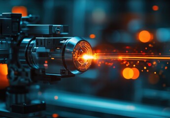 Poster - High-Tech Laser Device Emitting Bright Orange Beam in Industrial Setting with Sparkles and Modern Equipment