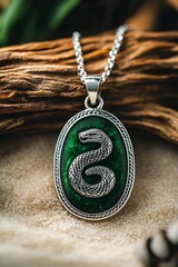 Poster - Stunning closeup of a green serpent necklace emphasizing handcrafted design on light sandy surface with nature elements : Generative AI