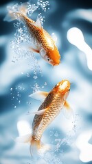 Aufkleber - Close-up shot of two goldfish leaping from sparkling blue water in a vibrant aquatic display : Generative AI