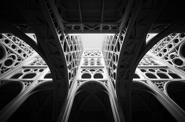 Poster - Intricate Architectural Design of Overhead Arches with Light Streaming Through Open Sky in a Modern Structural Framework
