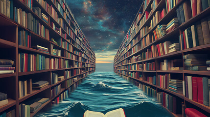 Wall Mural - a never-ending library of books stretching into the horizon, representing infinite knowledge, infini