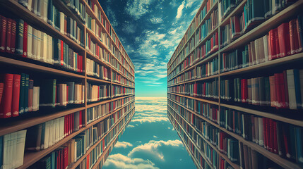 Wall Mural - a never-ending library of books stretching into the horizon, representing infinite knowledge, infini