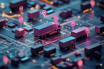Fototapete - Advanced logistics transport system showcasing trucks with digital markers on a grid : Generative AI