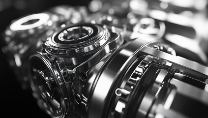 Poster - Intricate Close-up of Polished Metal Gears Showcasing Precision Engineering and Industrial Design in a Modern Context