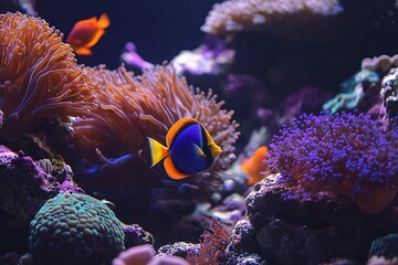 Poster - Vibrant marine life showcases colorful reef fish swimming among corals in an aquarium setting : Generative AI