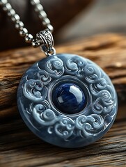 Aufkleber - Artistic close-up of a blue jade pendant showcasing detailed swirling patterns and a centerpiece gemstone : Generative AI