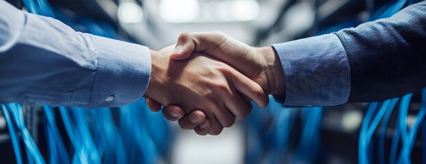 Poster - Close-up view of a handshake between two professionals in a high-tech server environment with networking cables. : Generative AI