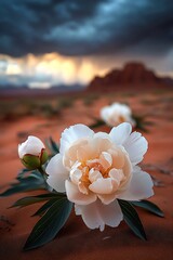 Poster - Gorgeous peony flowers captured amidst desert sands showcasing stunning colors and vibrant natural beauty : Generative AI