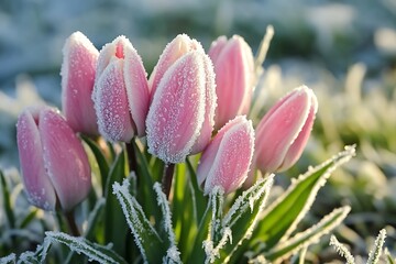 Poster - Charming display of tulips adorned with frost in captivating early morning sunlight : Generative AI