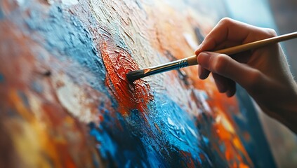 Poster - Close-up view of an artist's hand with a brush applying vibrant colors on a textured canvas for artistic creation : Generative AI