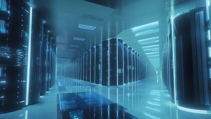 Leinwandbilder - Advanced data storage facility with towering server racks lit by a surreal blue hue creating an immersive ambiance : Generative AI