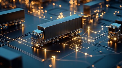 Poster - Dynamic 3D visualization of modern trucks moving across illuminated circuitry in futuristic landscape : Generative AI