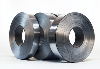 Poster - Metallic Rolls of Steel Strips Displayed on a Bright Background for Industrial and Construction Use in Manufacturing Processes and Engineering Projects