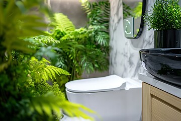 Poster - Contemporary bathroom adorned with lush plants and elegant fixtures designed for tranquility and comfort : Generative AI