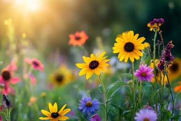 Poster - Beautiful Array of Vibrant Flowers Swaying in the Breeze Under the Warm Sunset Glow : Generative AI