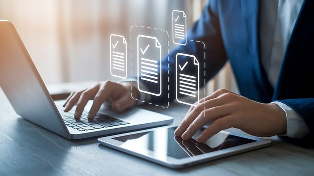 E-Invoice and Digital billing concept, Businessman using laptop to manage electronic statements on virtual screen. E-tax, Digital receipt, Online invoice processing and tax accounting solutions.