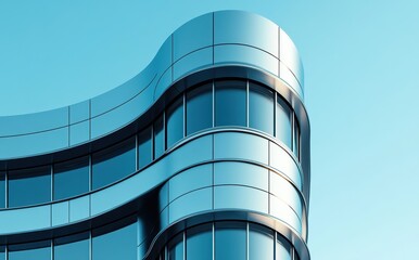 Poster - Modern architectural design featuring curved glass facade against clear blue sky showcasing innovative building technology and contemporary aesthetics