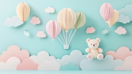 Poster - Cute paper cutout of balloons and teddy bear in pastel colors for a whimsical childrens decor Generative AI