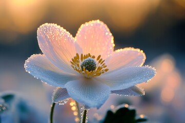 Poster - Stunning Dew-Kissed White Flower Glimmering in the Golden Hours of Sunset : Generative AI