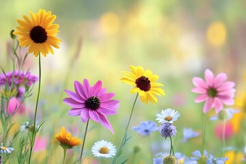 Poster - Vibrant Colorful Flowers Blooming in a Sunlit Field with Soft Background : Generative AI