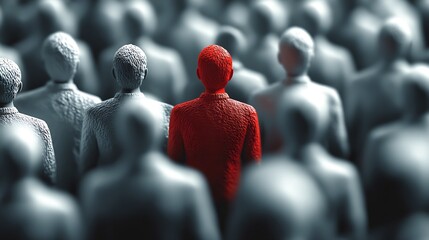 Poster - Artistic representation of a bold red figure among grey figures emphasizing the theme of individuality and difference : Generative AI