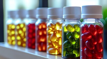 Poster - Collection of colorful dietary supplements in glass bottles showcasing vibrant capsules in various colors on a wooden shelf : Generative AI