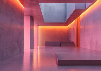 Poster - Modern architectural interior design featuring sleek concrete walls and vibrant neon lighting in a spacious, minimalistic environment