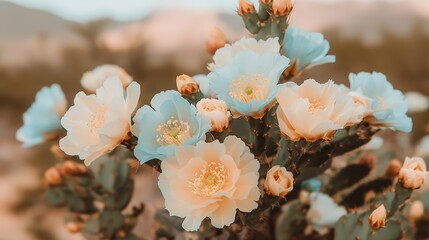 Poster - Breathtaking close-up of vibrant peach and blue flowers blooming on desert cacti under sunlight : Generative AI
