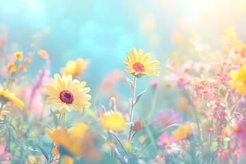 Poster - Delicate Blooming Yellow Wildflowers Surrounded by a Colorful Floral Wonderland : Generative AI