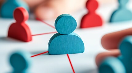 Poster - Blue wooden figure at the center of a network connection surrounded by colorful teammates : Generative AI