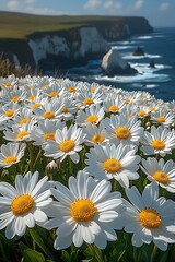 Poster - Charming coastal scene filled with daisy flowers with ocean waves crashing in the background : Generative AI