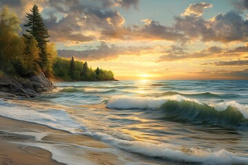 Poster - Gorgeous sunrise illuminating the waves and lush coastline featuring calm waters : Generative AI