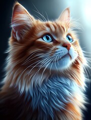 Poster - Stunning close up of a fluffy orange cat looking thoughtfully with bright blue eyes against a soft light background : Generative AI
