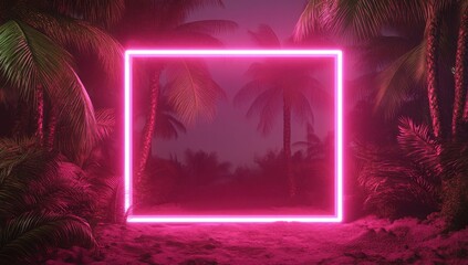 Poster - Neon Pink Frame Surrounded by Lush Tropical Palm Trees in a Dreamy Misty Atmosphere for Creative Art and Design Projects