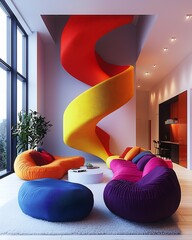 Aufkleber - Vibrant living area featuring a spiral staircase and plush bean bag seating for relaxation : Generative AI