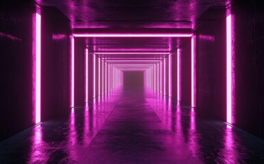Poster - Neon Pink Tunnel with Reflection and Fog Creating a Futuristic Atmosphere in a Dark Environment for Creative and Technology Themes