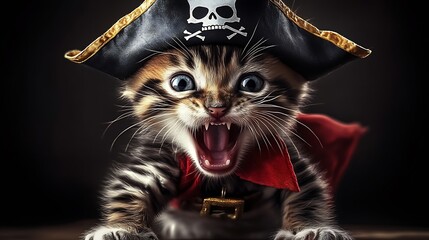Poster - Cute kitten wearing a pirate costume featuring a playful yet tough demeanor ready for swashbuckling fun : Generative AI