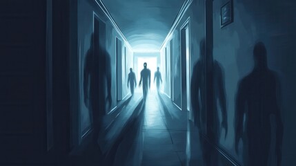 Fototapete - Dark corridor filled with ghostly figures and flickering lights creating a chilling atmosphere of suspense and horror