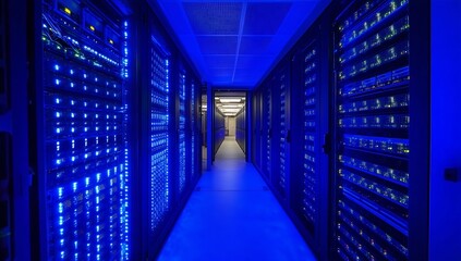 Leinwandbilder - High-tech server hallway illuminated by blue lights showcasing the modern digital infrastructure : Generative AI