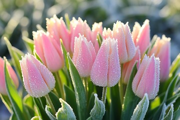 Poster - Elegant group of tulips sparkling with frost in mesmerizing golden morning light : Generative AI