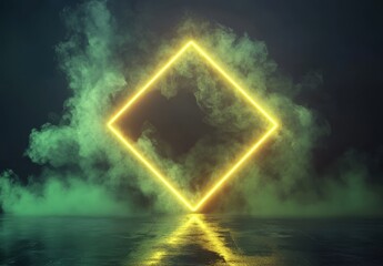 Poster - Neon Yellow Diamond Frame Surrounded by Green Smoke Against a Dark Background Reflecting on a Wet Surface for Dramatic Visual Appeal